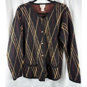 Crystal Kobe Cardigan Vintage Sweater Womens L Black Gold Red‎ Knit Button Front